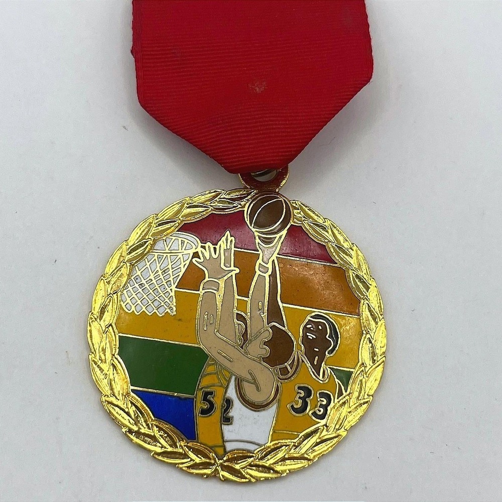 Vintage 1983 Margarita Basketball Medal Red Ribbon Enamel Gold Tone Sport Trophy